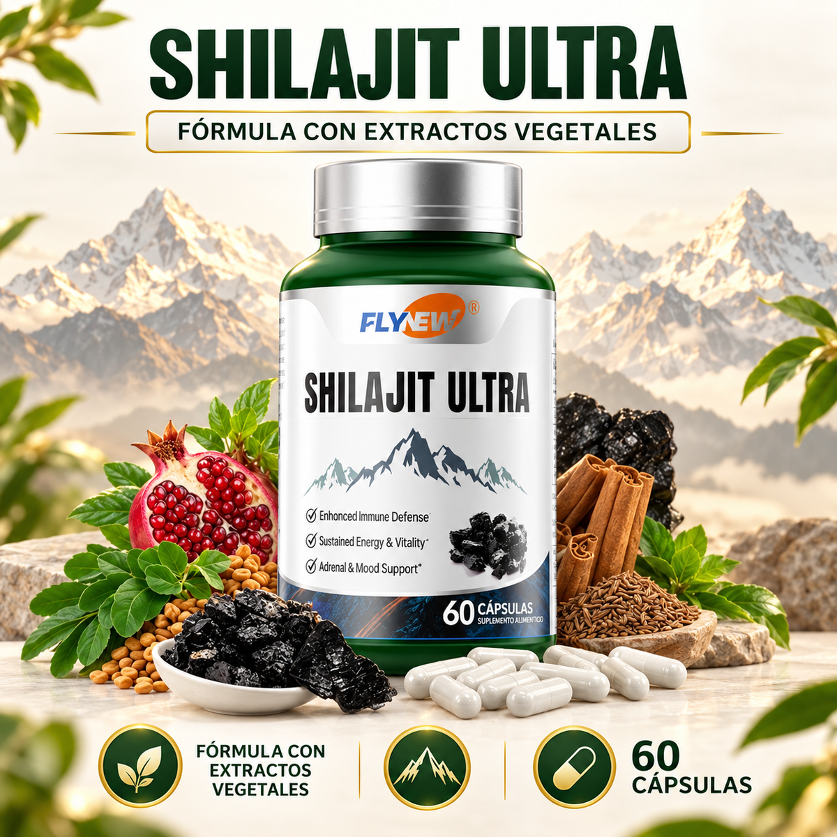 Shilajit Ultra Flynew – Energía y Vitalidad | 60 Cápsulas